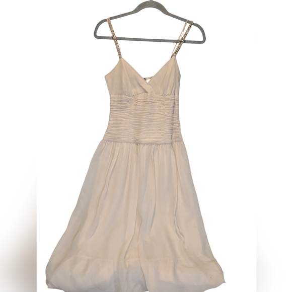 BCBGMaxAzria Dresses & Skirts - BCBG MAXAZRIA 100% silk Cream Dress with Gold beaded Straps size 0